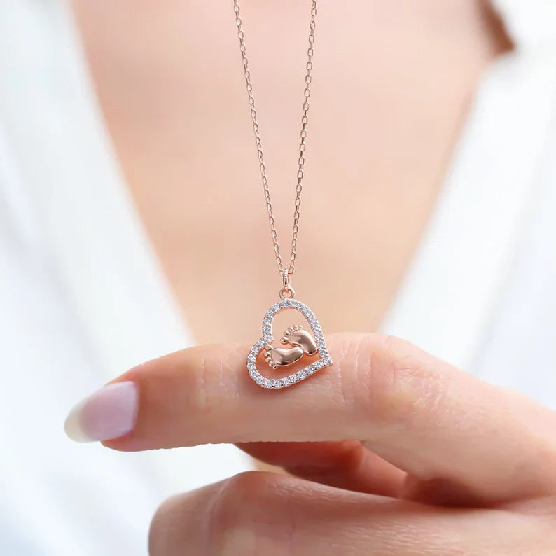 Baby Feet Heart Pure Silver Necklace Gift Set